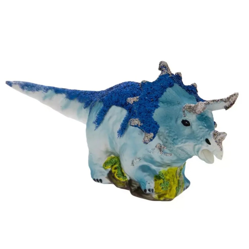 Robert Stanley Glass Christmas Tree Ornament Blue Triceratops Dinosaur Glitter